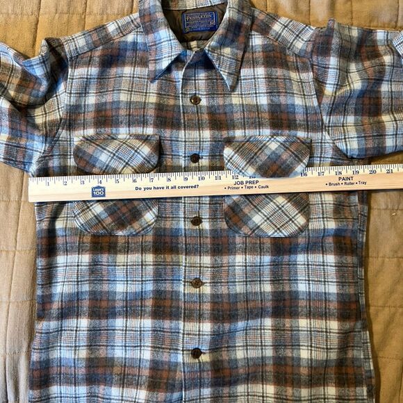 Vintage Pendleton Board Shirt Size M Virgin Wool Brown Tan Plaid US Made 60s 70s - Picture 7 of 13